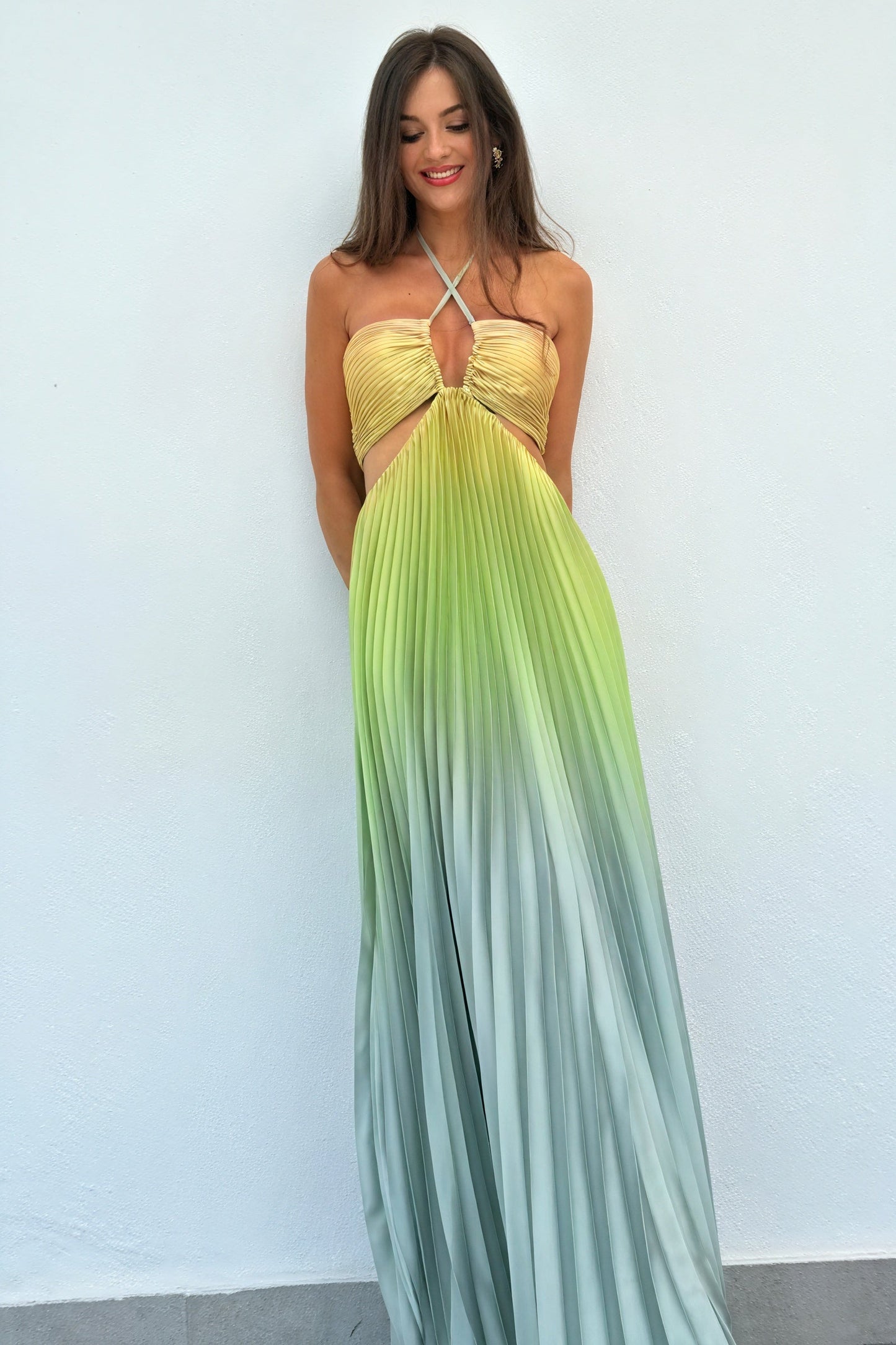 Ida | Langes Plissiertes Kleid – Amerikanischer Ausschnitt und Eleganz