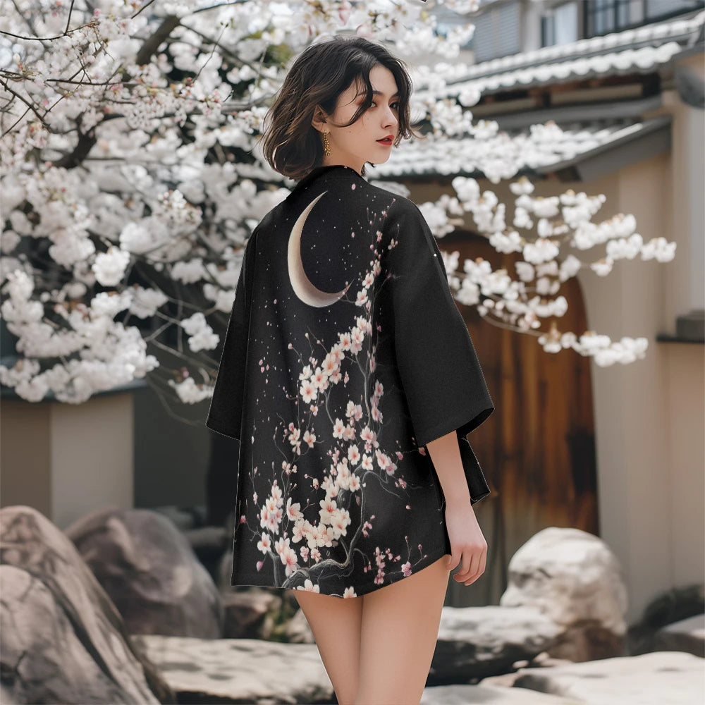 Clémence | Kimono Jakke Kvinder Sort Kirsebærblomst Mønster