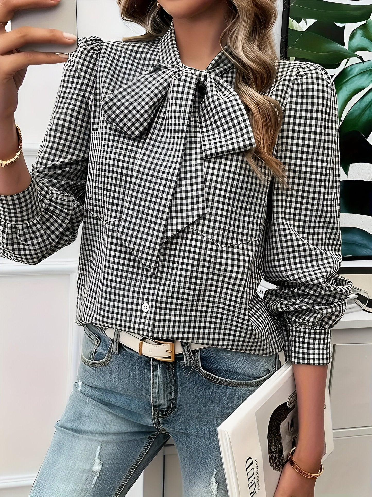 Cézanne | Blouse met Ruitpatroon en Elegante Strik 
