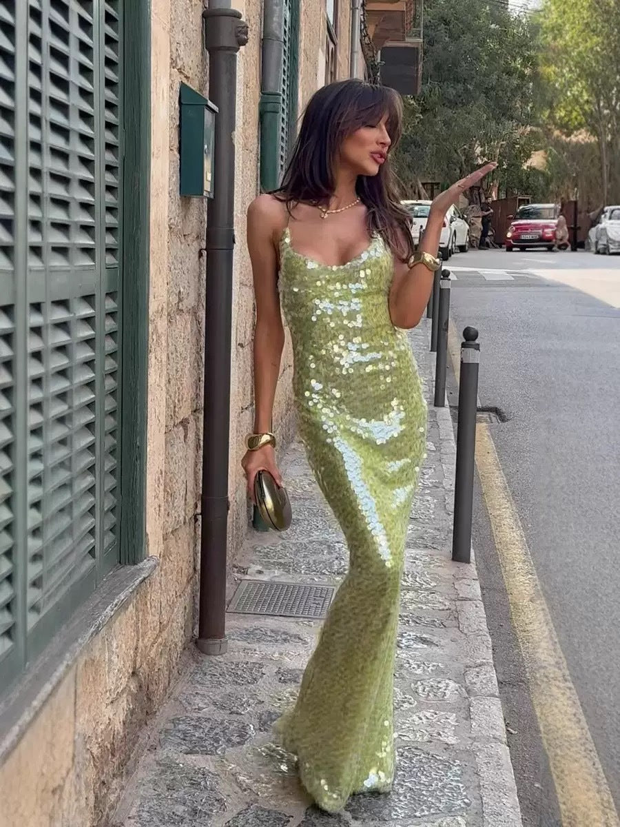Cendrine | Long Shimmering Dress – Thin Straps And Chic Style 