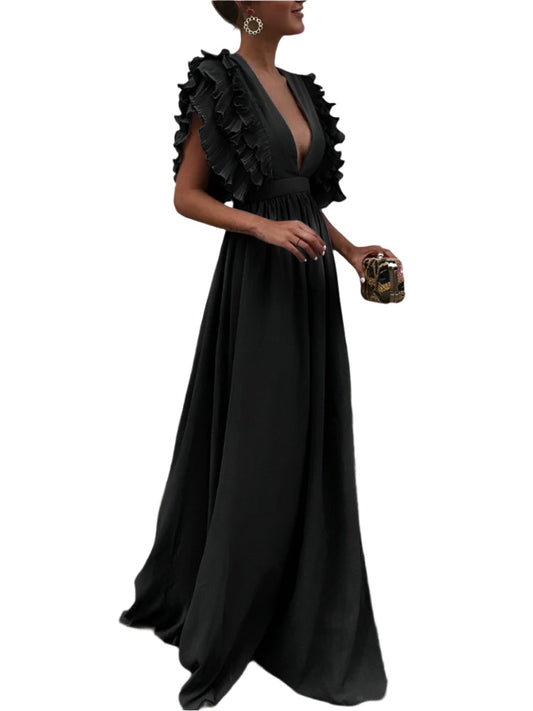 Louise | Abito Lungo Elegante con Volant e Scollatura Profonda 