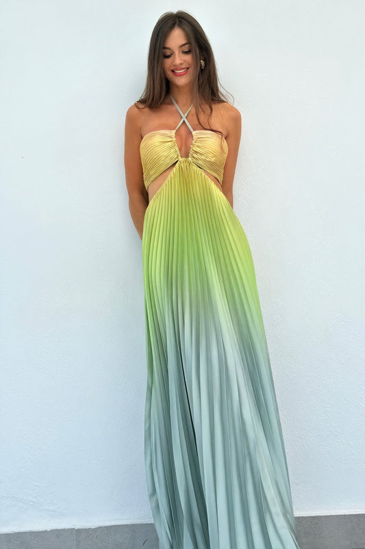 Ida | Pleated Long Dress – American Neckline and Elegance 