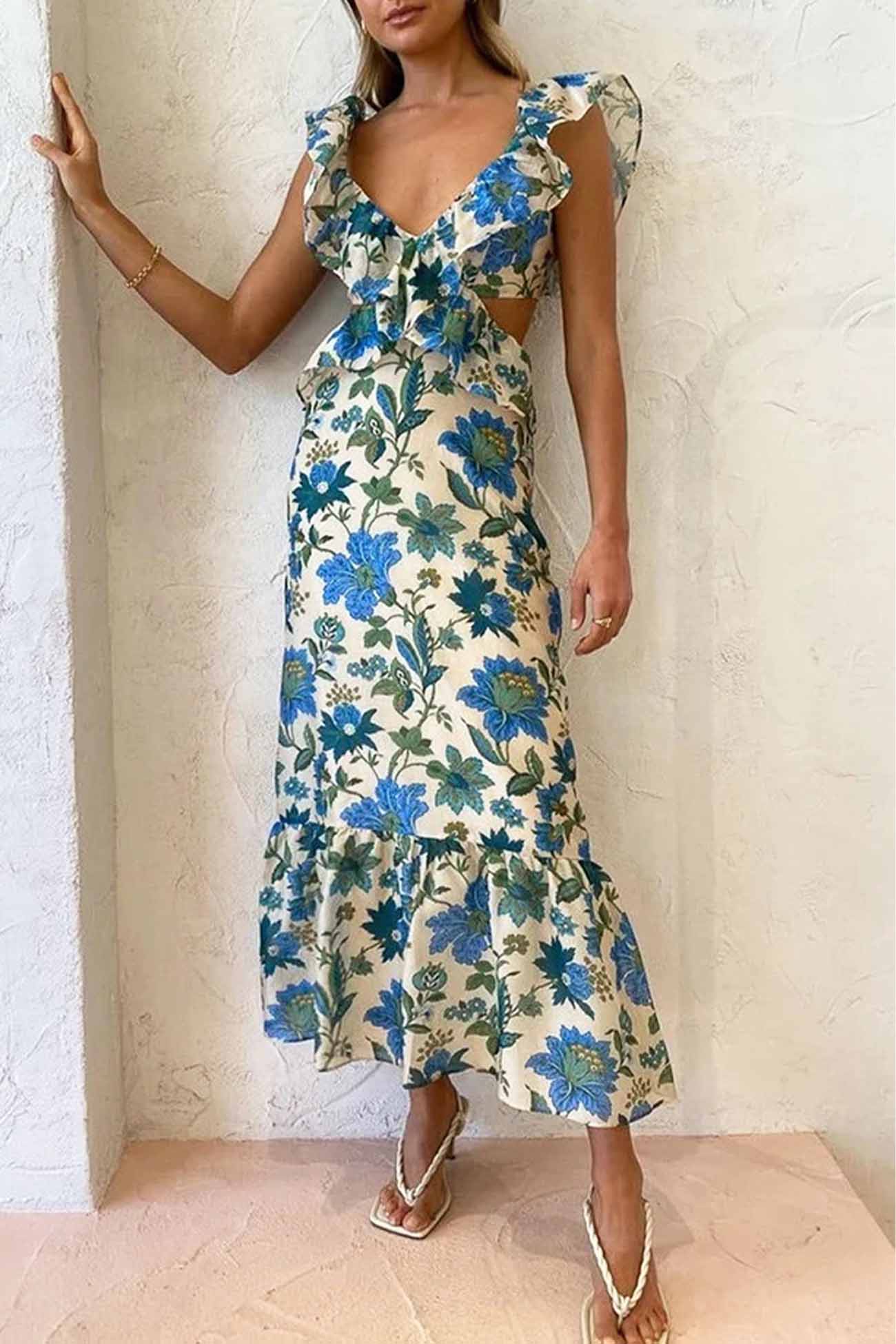 Mélinda | Vestido Largo Elegante de Verano – Sin Mangas con Tirantes Volantes 