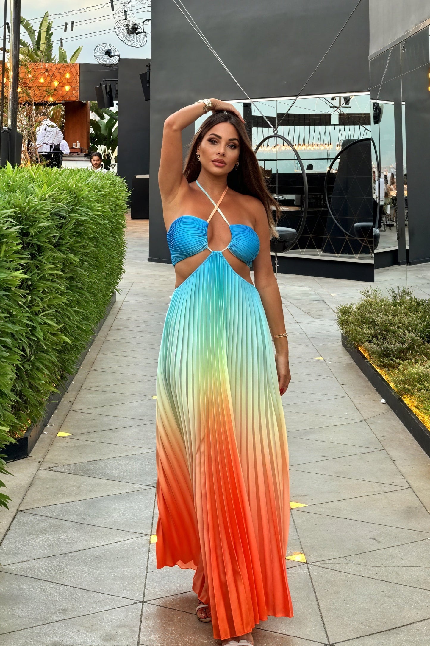 Ida | Pleated Long Dress – American Neckline and Elegance 
