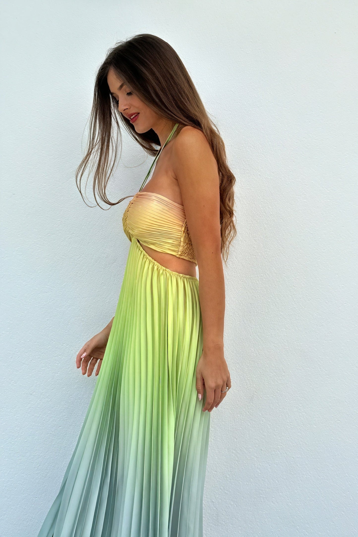 Ida | Pleated Long Dress – American Neckline and Elegance 