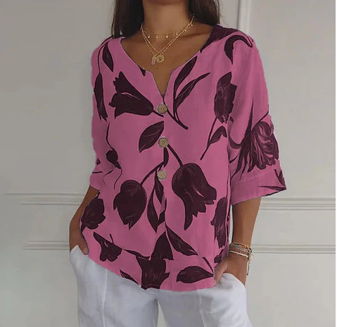 Jeanne | Elegant Blomstret Bluse – Central Knaplukning Og Korte Ærmer 