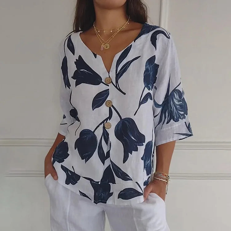 Jeanne | Elegant Blomstret Bluse – Central Knaplukning Og Korte Ærmer 