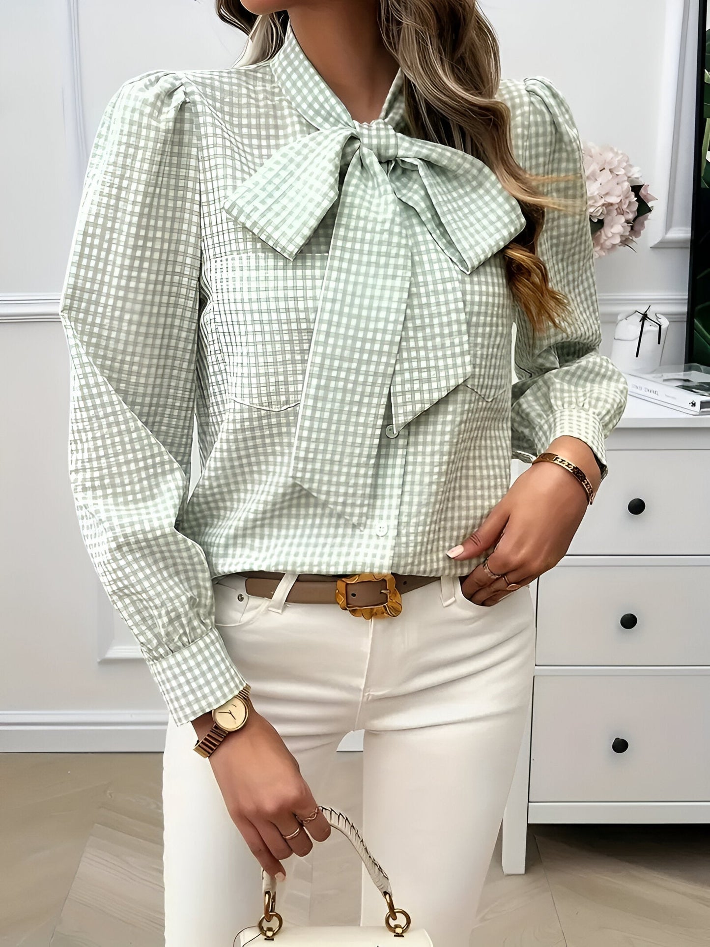 Cézanne | Blouse met Ruitpatroon en Elegante Strik 