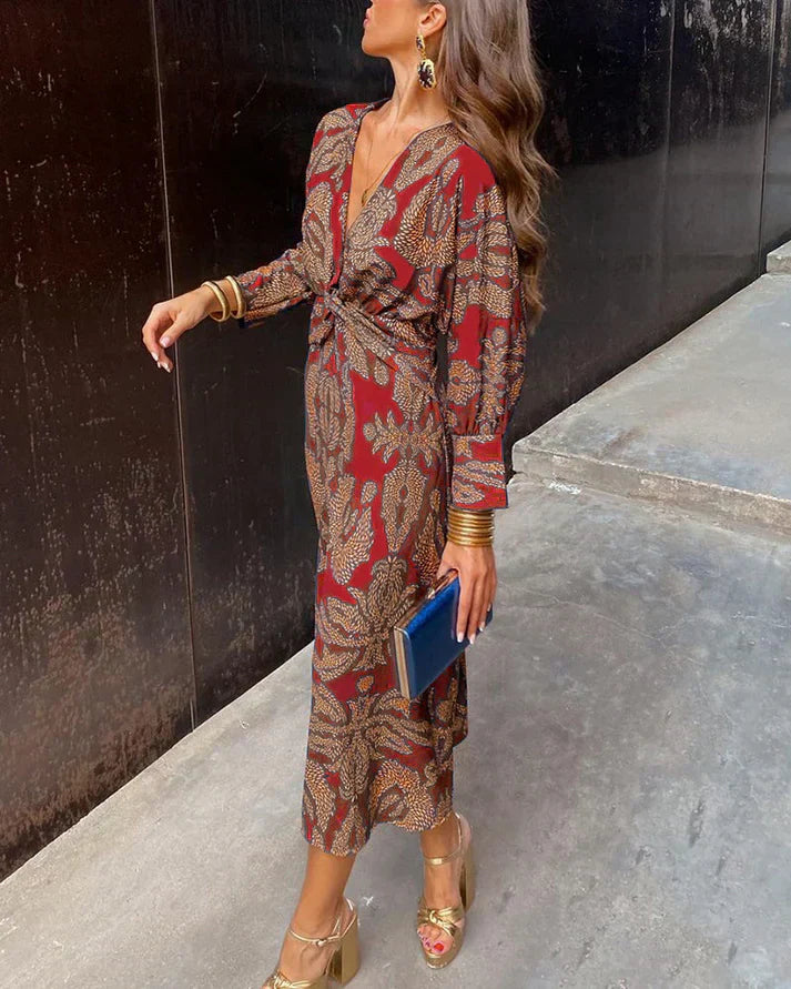 Loriane | Elegantní tištěná šaty s dlouhými rukávy 