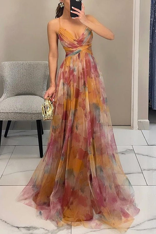 Florence | Lange Elegante Jurk Met Artistieke Print 