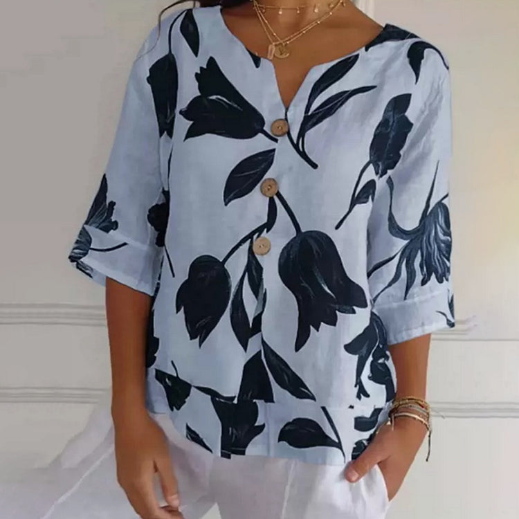 Jeanne | Elegant Blomstret Bluse – Central Knaplukning Og Korte Ærmer 
